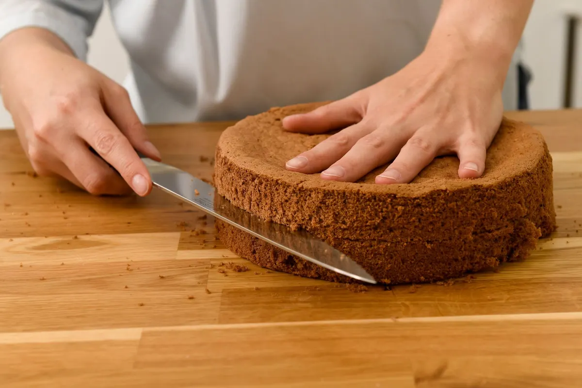 Mãos a abrir um pão de ló de chocolate com uma faca comprida sobre uma bancada de madeira, com migalhas espalhadas pela tábua
