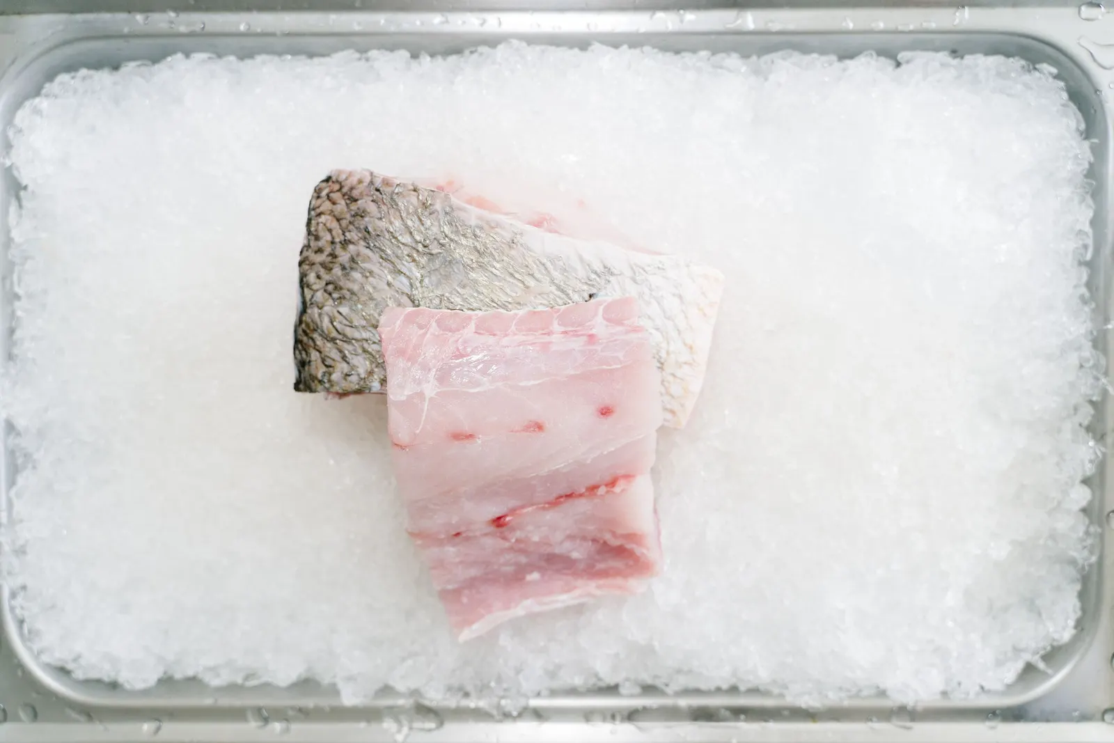 Filetes de peixe branco fresco sobre gelo picado num tabuleiro de aço inoxidável