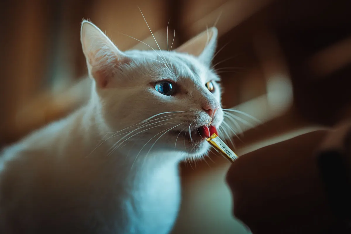 Gato a comer um snack de carne liofilizada