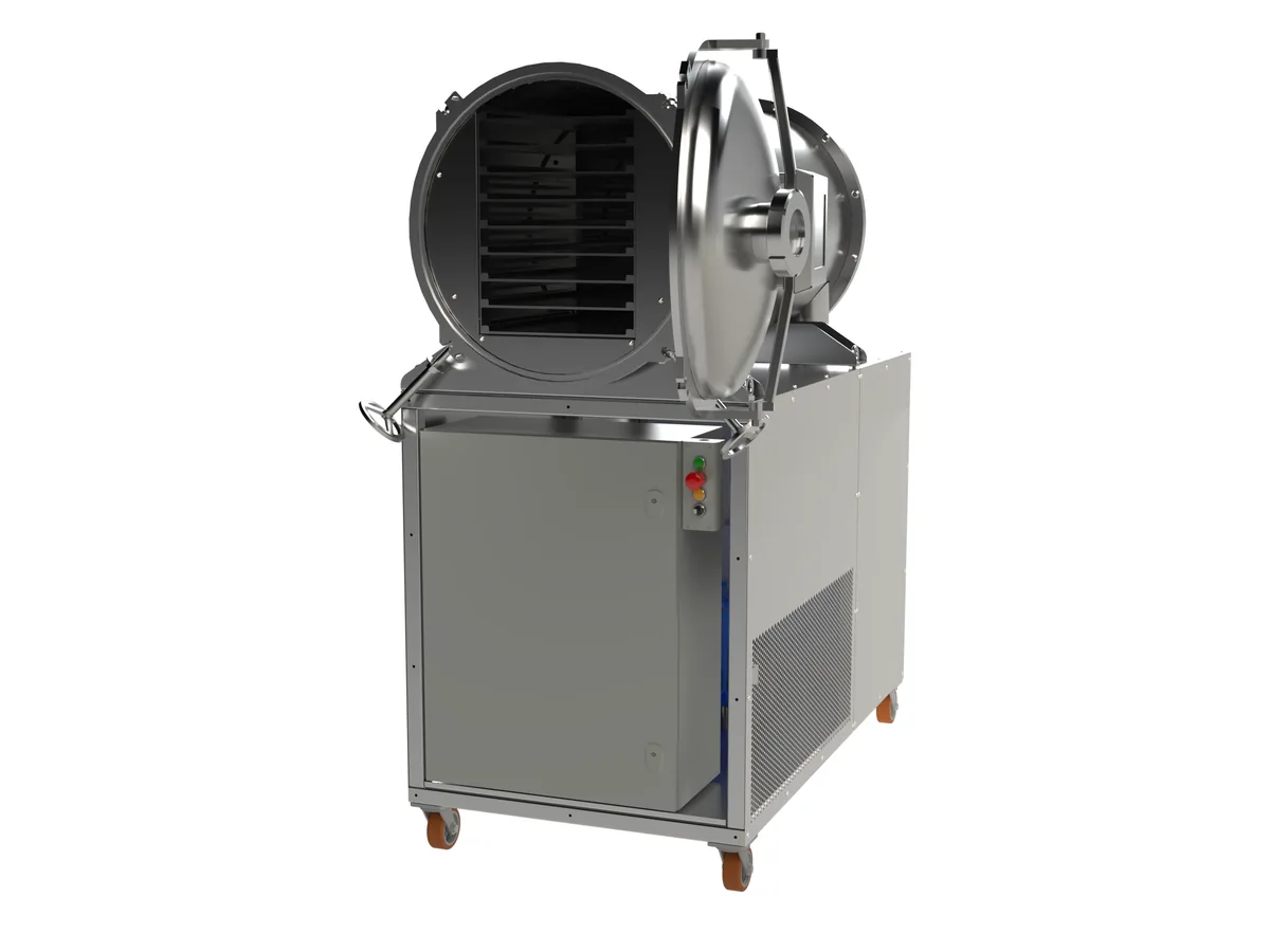 LEO-030 freeze dryer — drying chamber and shelves with the door open