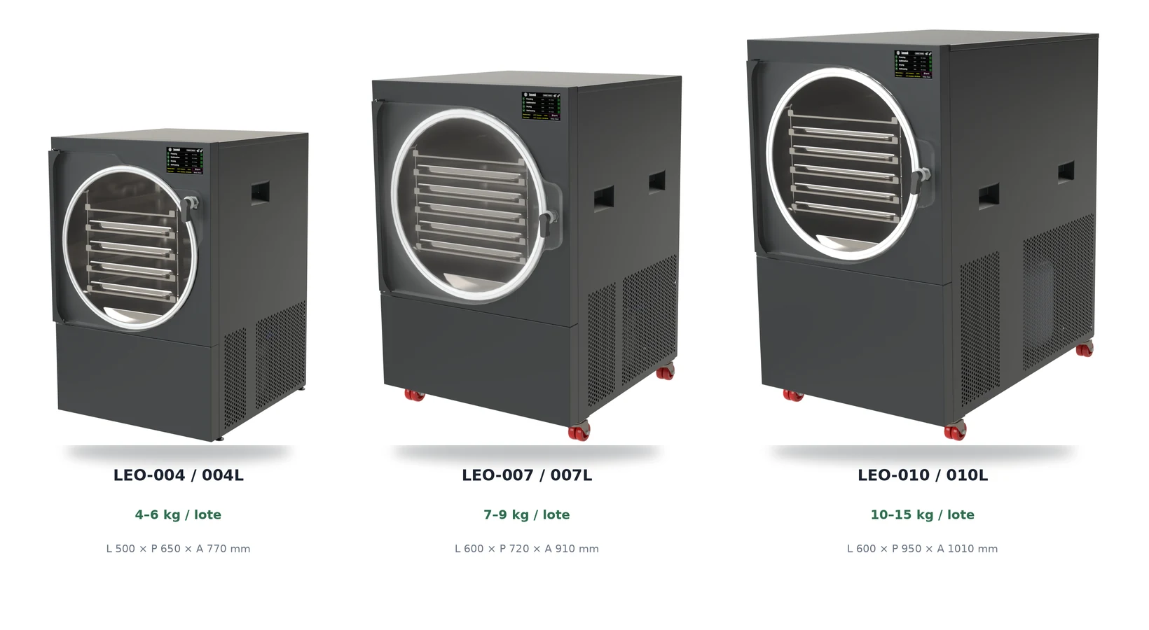 Comparação de tamanho da gama Leosmak LEO em Preto — LEO-004/004L, 007/007L e 010/010L à escala.